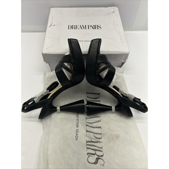 Dream Pairs High 4" Pyramid Heel Rhinestone Detail Ankle Strap Black SZ 6 NEW - Picture 2 of 8